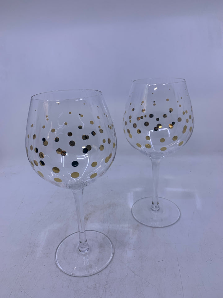 2 CLEAR WINE GLASSES W/ GOLD DOTS.