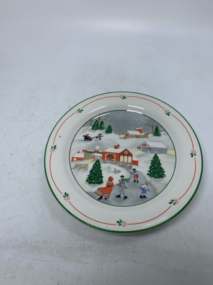 SMALL SANGO CAKE STAND W/ HOLIDAY THEMED TOWN SCENE.