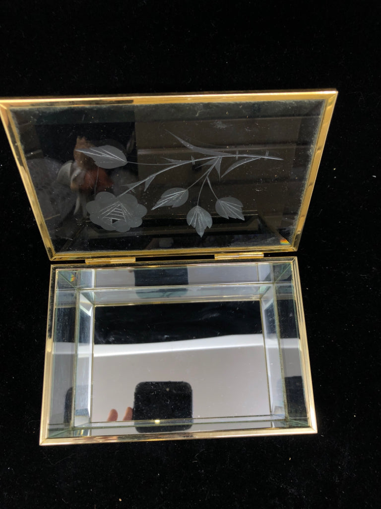 ETCHED GLASS MIRROR BOX W/GOLD TRIM.
