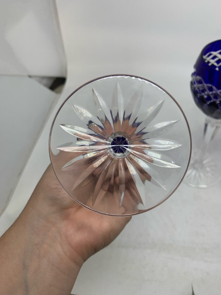 4 LONG STEM CRYSTAL COBALT BLUE WINE GLASSES.