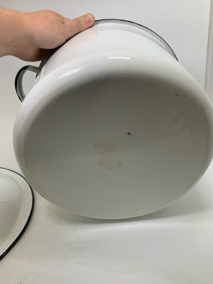 ENAMEL STOCK POT W/ HANDLES LID BLACK EDGE.