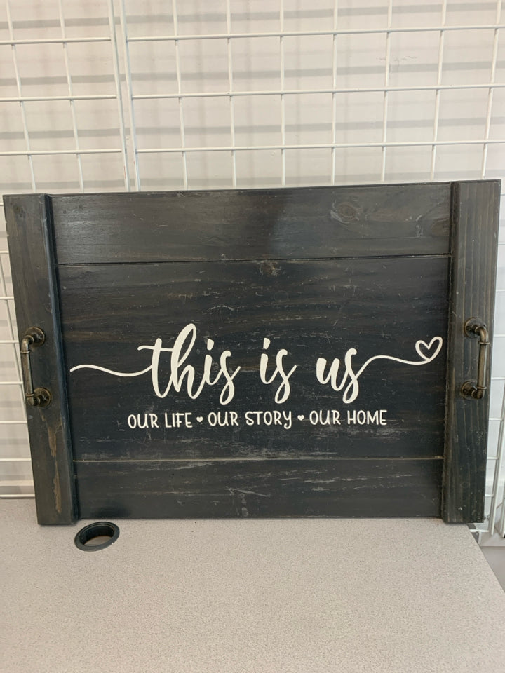 THIS IS US BLUE WOOD TRAY W/METAL HANDLES.
