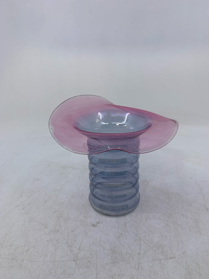 DELICATE PINK/ BLUE GLASS ROLLED EDGE VASE.