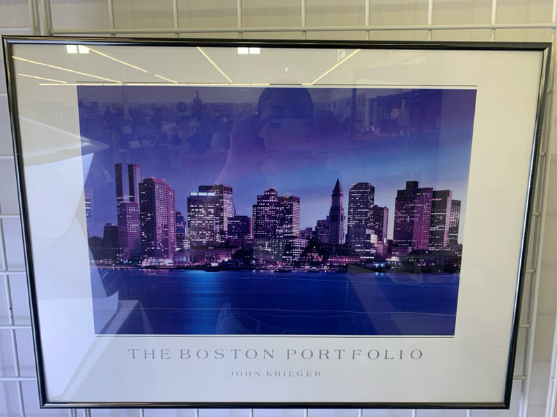 THE BOSTON PORTFOLIO CITY SCAPE WALL HANGING IN SILVER FRAME.