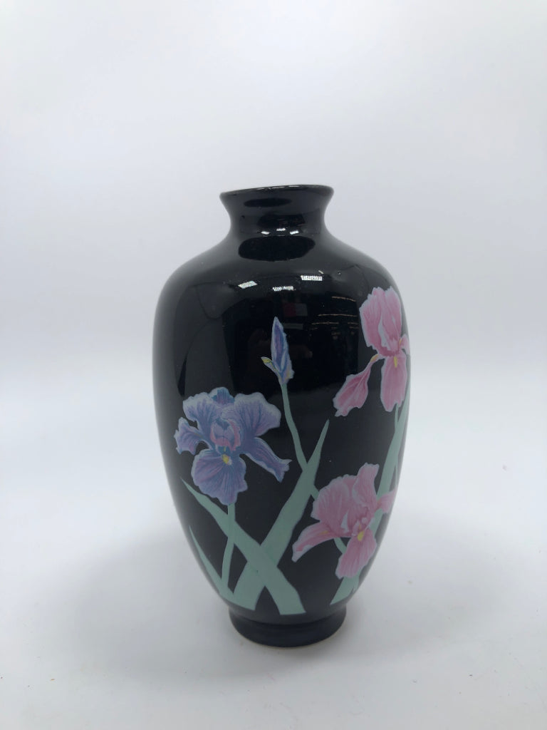 IRIS PAINTED BLACK CERAMIC BUD VASE.