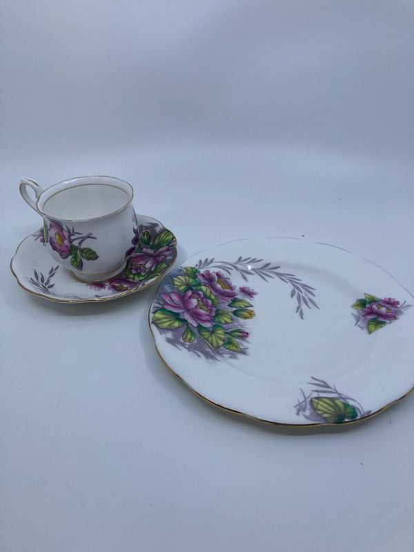 3PC FLOWER OF THE MONTH WATER LILY TEACUP, SAUCER AND PLATE SET.