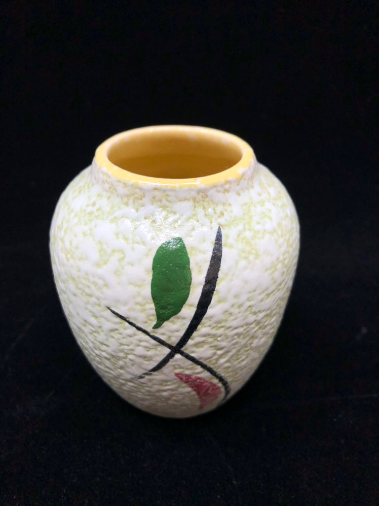 TEXTURED CERAMIC VASE W/GREEN AND PINK LINES.