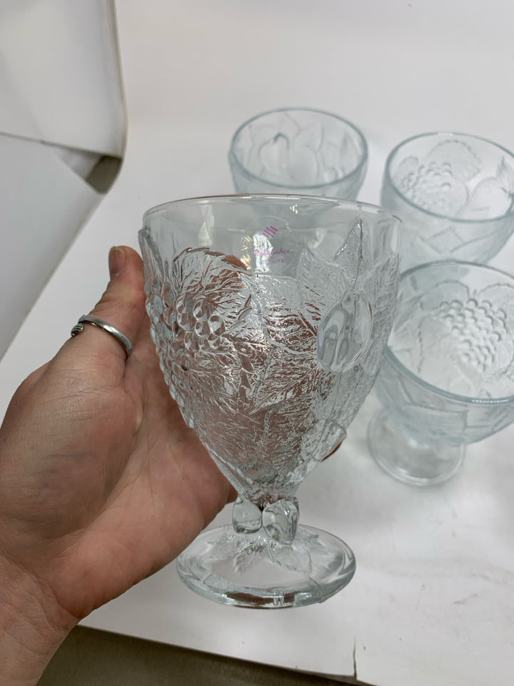 6 HEAVY FRUIT EMBOSSED PRESSED GLASS GOBLETS.