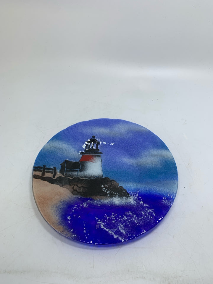 FUSED GLASS LIGHT HOUSE W/ WAVES CRASHING PLATE.