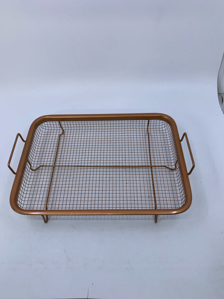 COPPER MESH FOOTED FRYING BASKET.