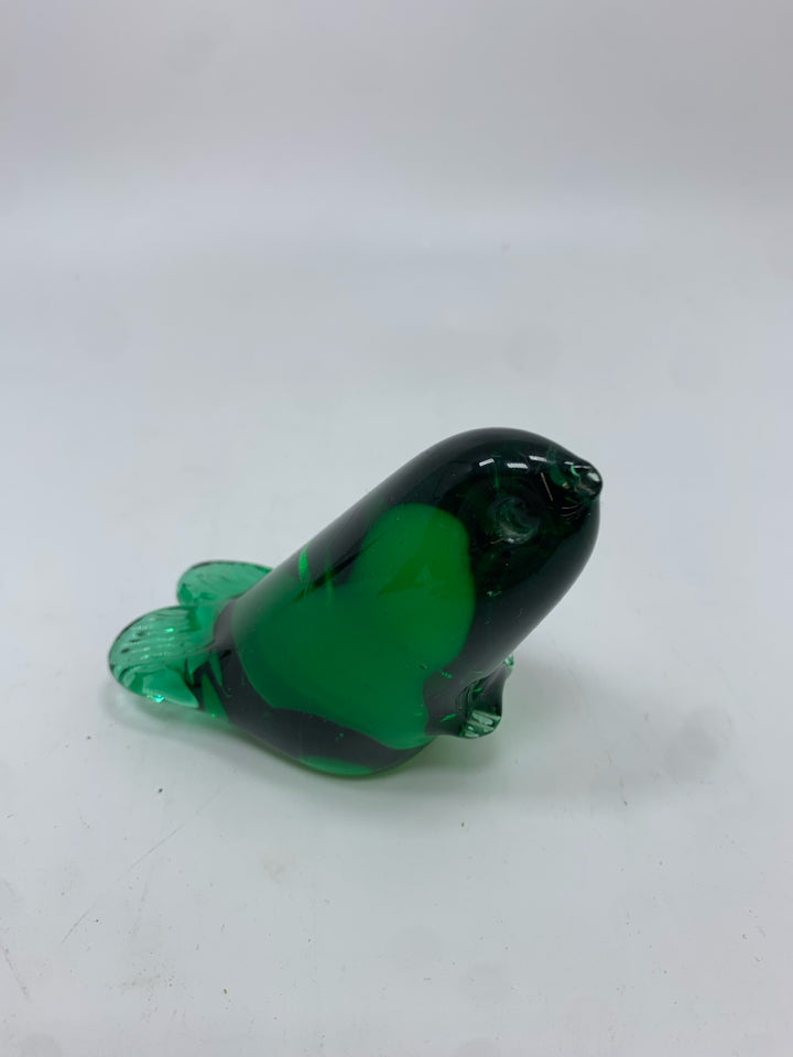 GREEN GLASS SEAL PAPERWEIGHT.