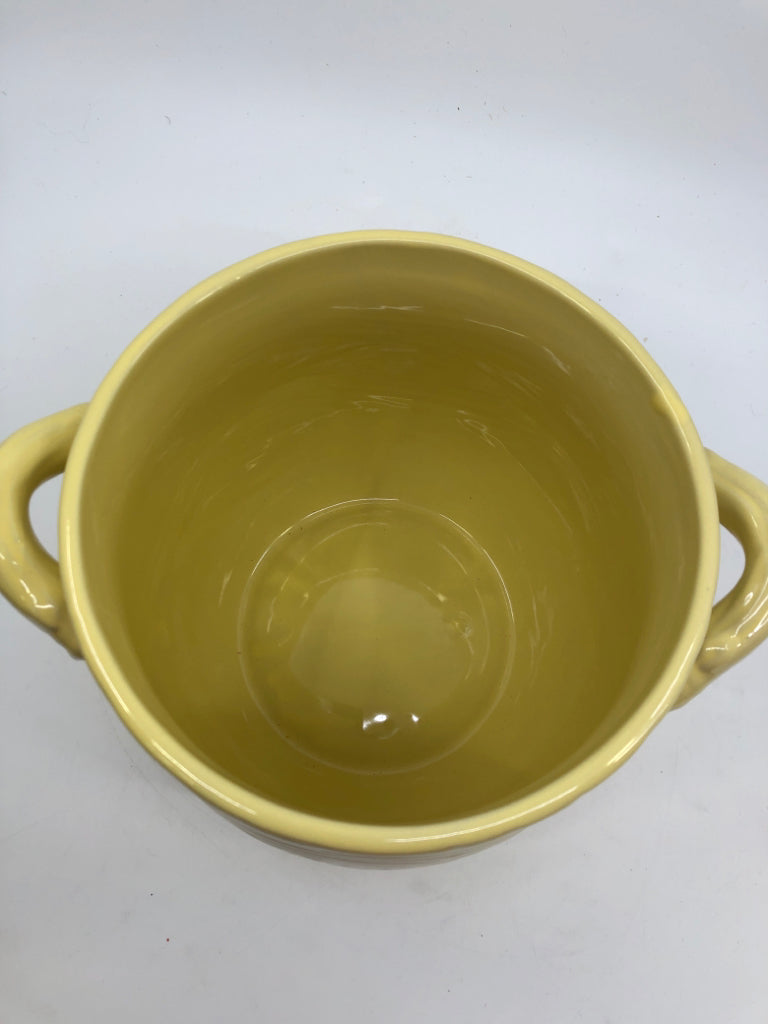 YELLOW TEXTURED TEMPTATIONS CROCK W/ HANDLES.