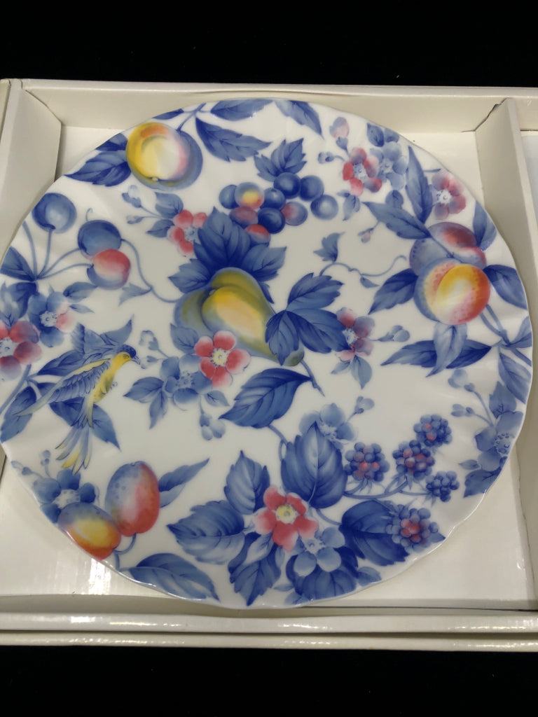 NIB PORCELAIN PLATE W/ SERVER BLUE FLORAL,FRUIT+BIRD.