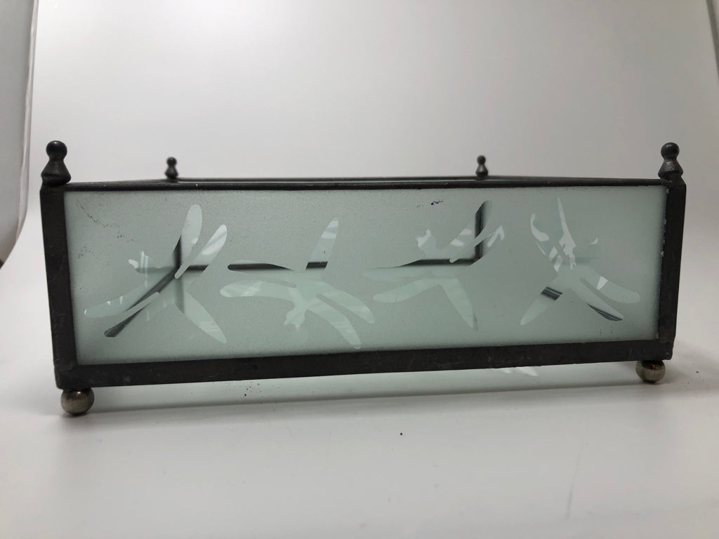 FROSTED GLASS BUTTERFLY TRAY W/SILVER FRAME.