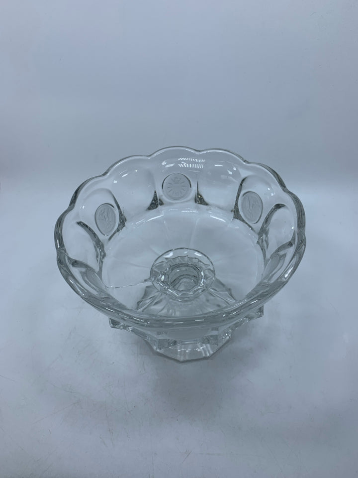 HEAVY FOOTED CLEAR GLASS CENTERPIECE W/ FROSTED MEDALLIONS SCALLOP EGE.