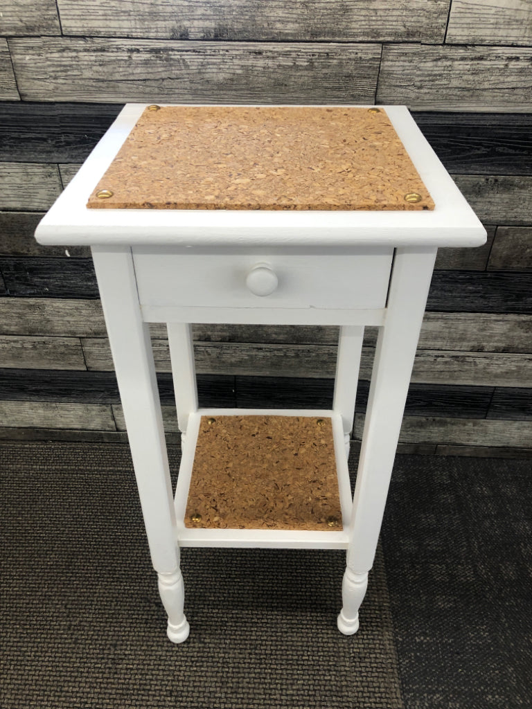TALL 2-TIER WHITE SIDE TABLE W/CORK TOP.