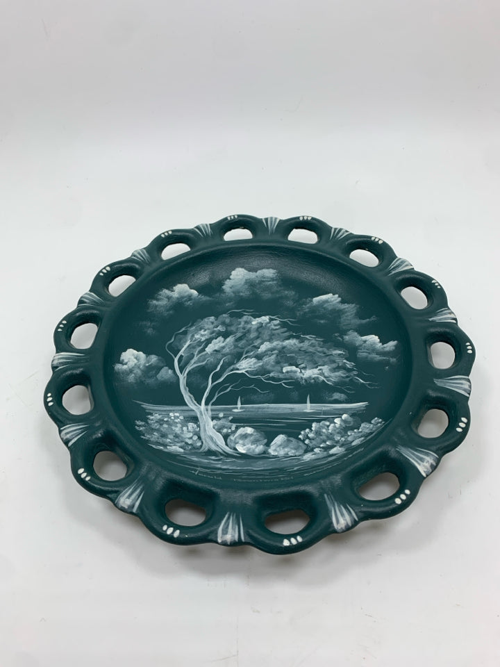 ARUBA TREE PAINTED BLUE DISH W/RETICULATED EDGE.