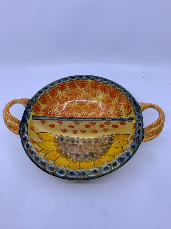 HAND PAINTED SUNFLOWER DIVIDED SERVING BOWL W HANDLES.
