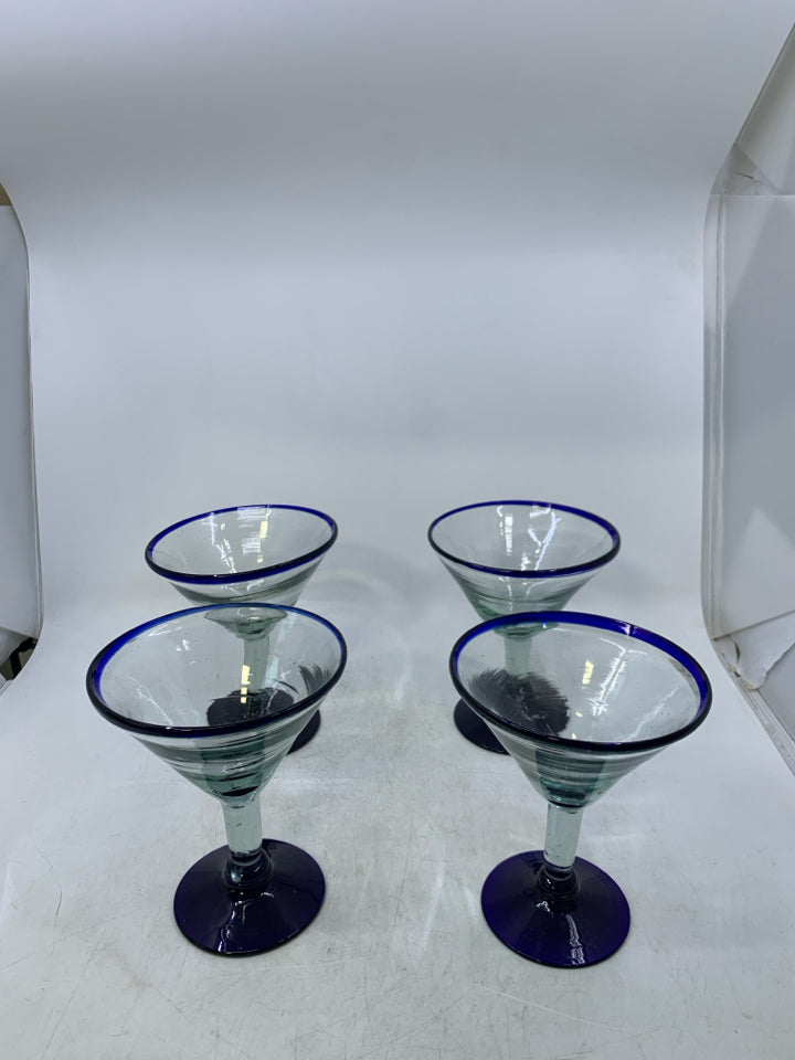4 BLOWN GLASS MARGARITA GLASSES W/ BLUE RIM.
