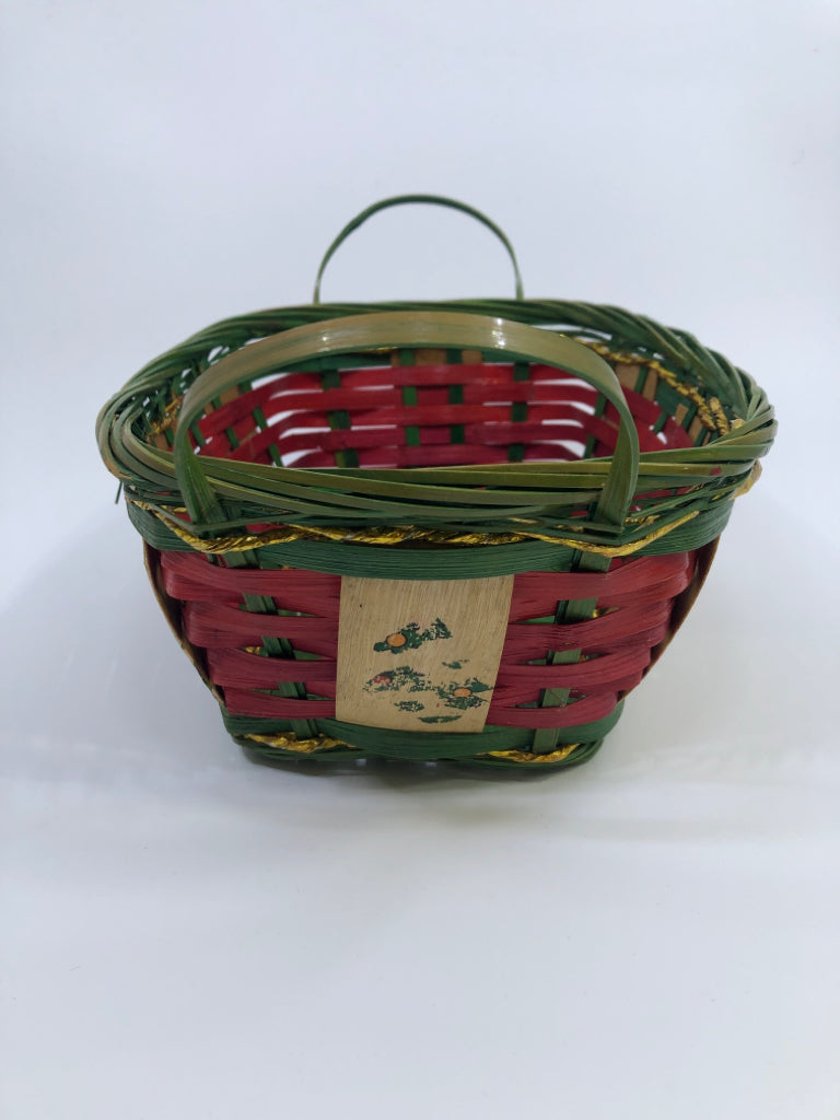 RED & GREEN WICKER BASKET W/CHRISTMAS TREES.