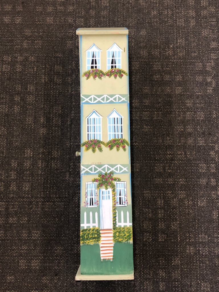TALL WOODEN HOUSE BOOKSHELF W/PAINTED FLORALS.