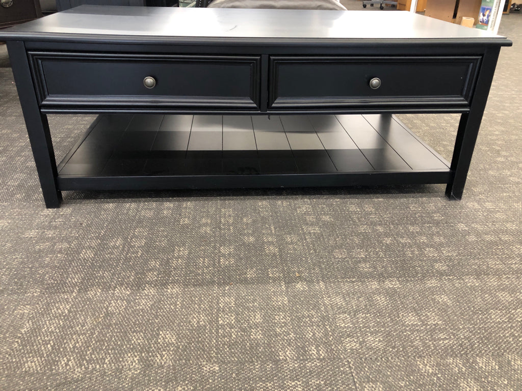 BLACK COFFEE TABLE W/2 LONG DRAWERS.