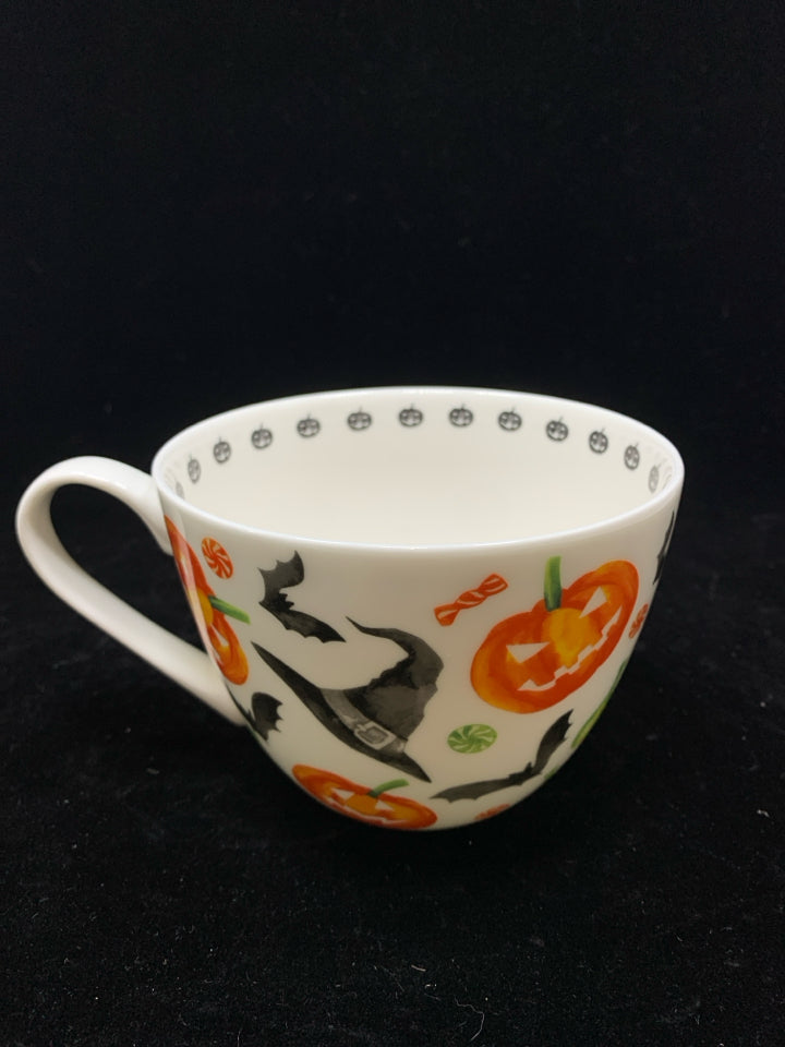 HALLOWEEN MUG W/WITCH, BAT AND JACK-O-LANTERN.