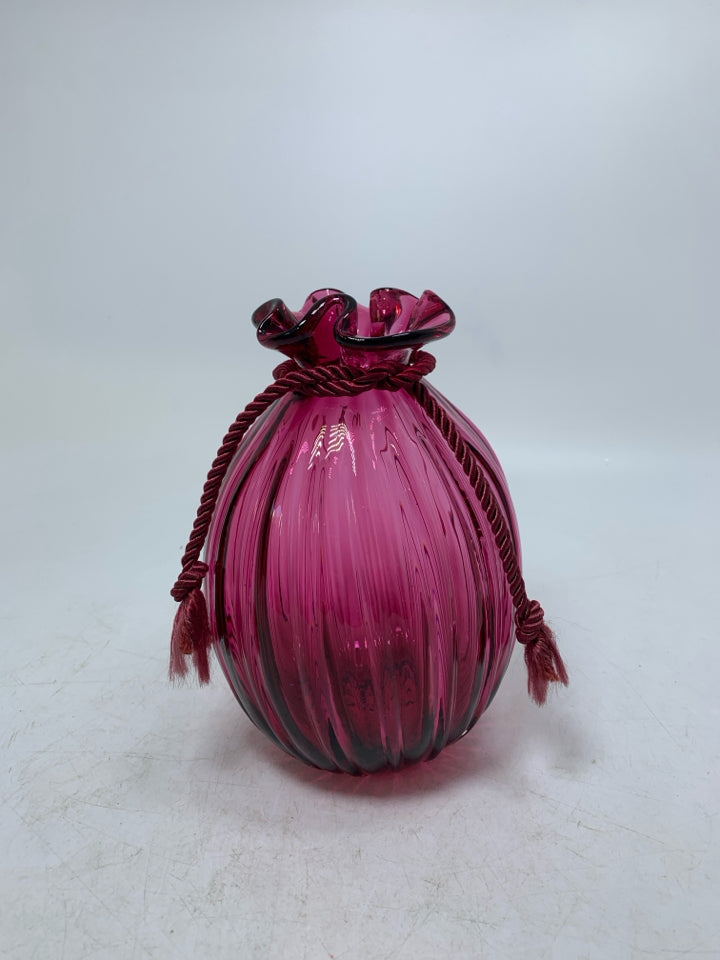 VTG CRANBERRY HAND BLOWN SACK VASE W/ CORD.