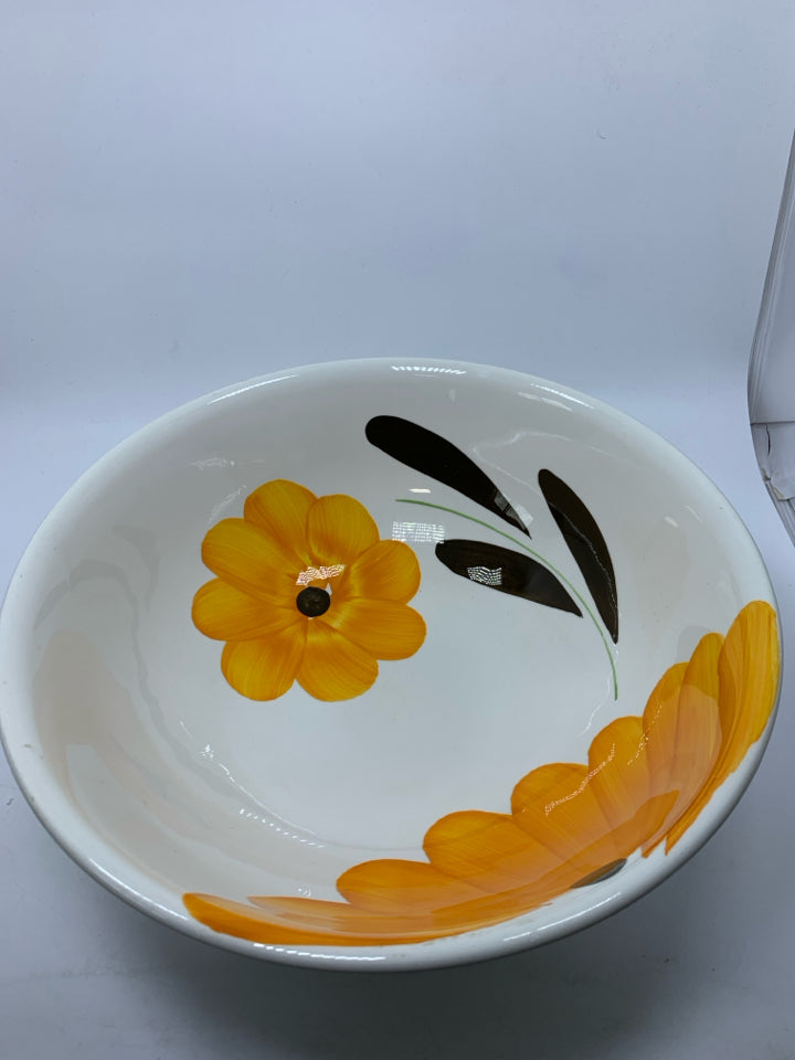 LARGE WHITE SERVING BOWL W/ YELLOW PAINTED FLOWERS MADE IN ITALY.