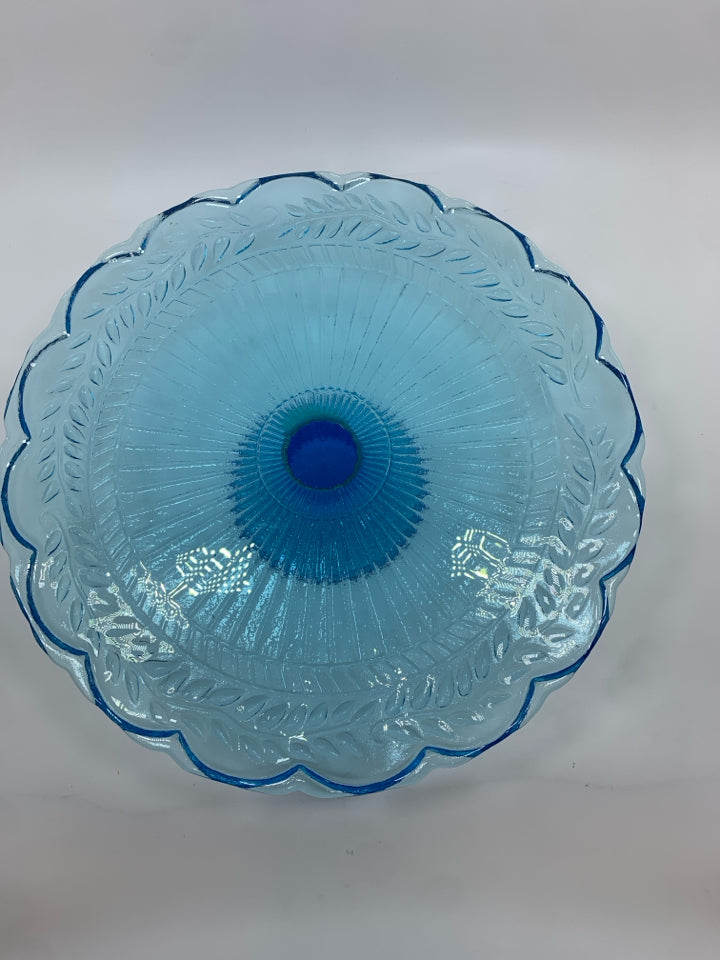 BLUE GLASS CAKE PLATE W/EMBOSSED LEAVES AND RUFFLE EDGE.