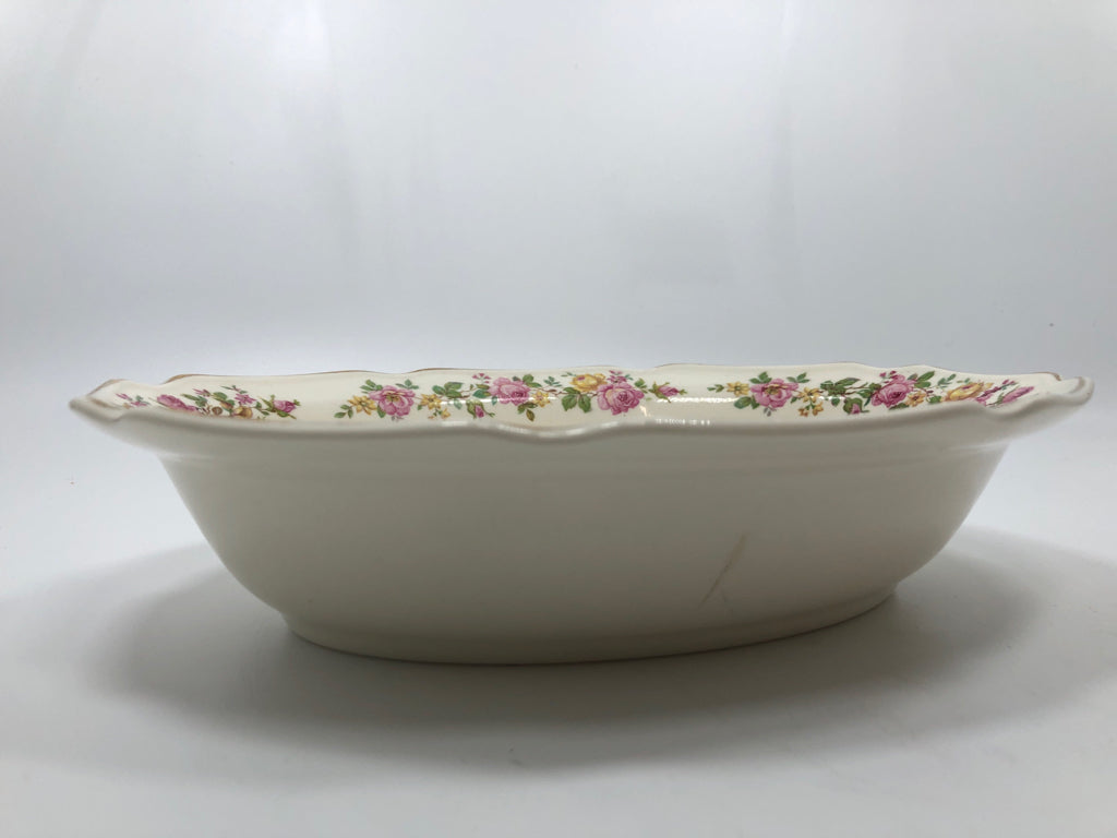 VTG PINK FLORAL OVAL SERVING BOWL W/GOLD RIM.