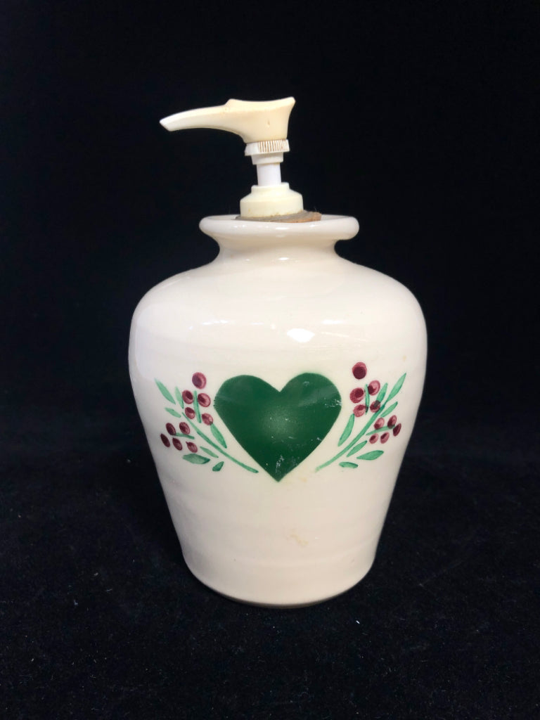 PRIMITIVE CREAM STONEWARE SOAP DISPENSER W/GREEN HEART.