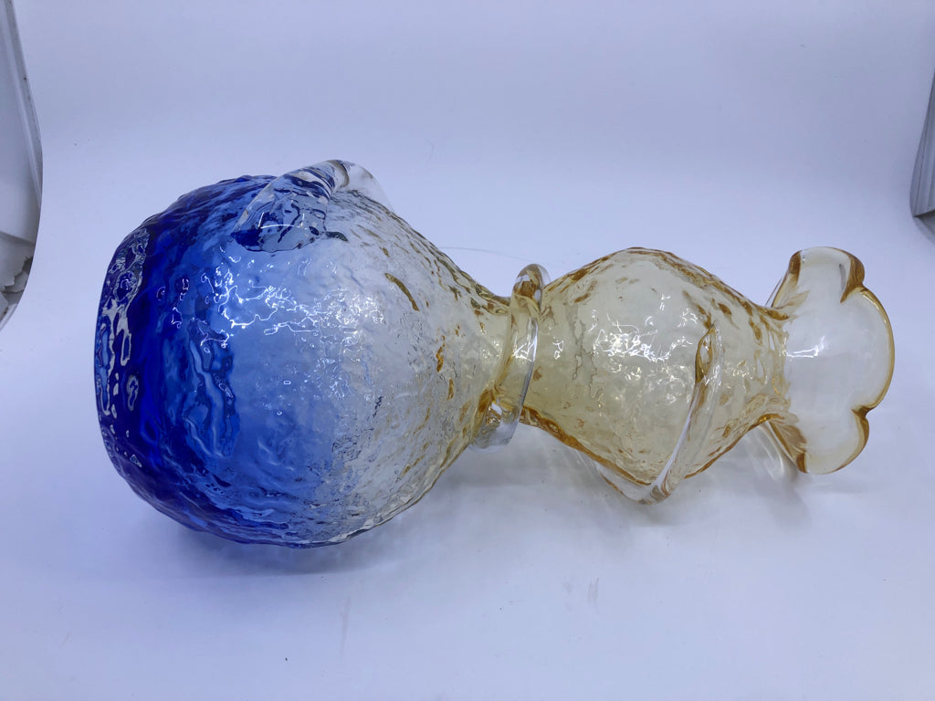 YELLOW BLOWN GLASS ABSTRACT VASE W/BLUE BOTTOM.