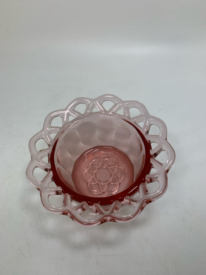 VTG AZALEA PINK GLASS CANDY BOWL W/ LACE EDGE.