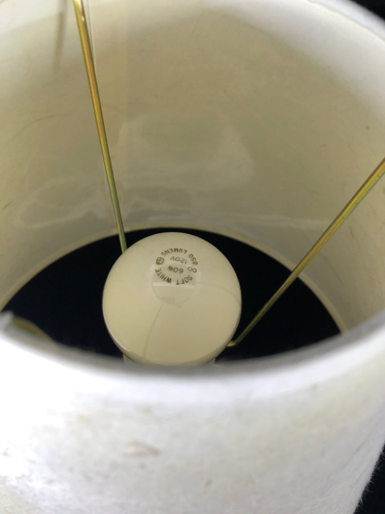 WHITE WOOD LAMP TAN SHADE.