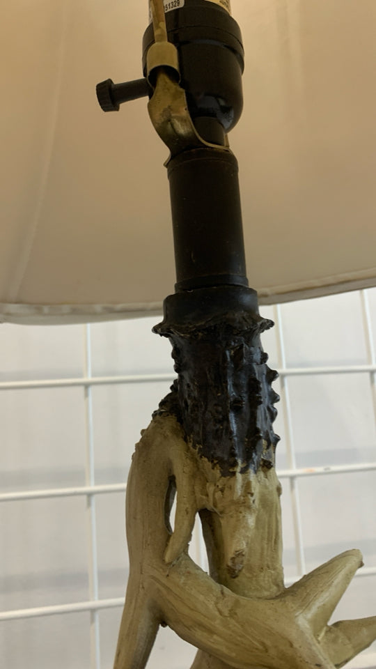 ANTLER LAMP W/FAUX LEATHER SHADE.