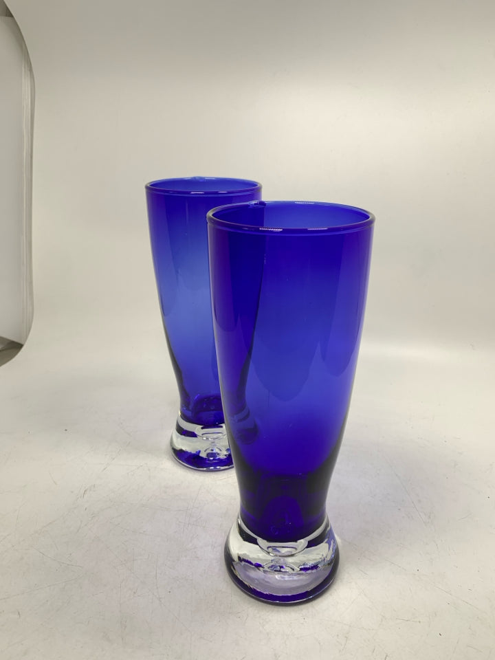2 THICK BOTTOM COBALT BLUE PILSNER GLASSES.