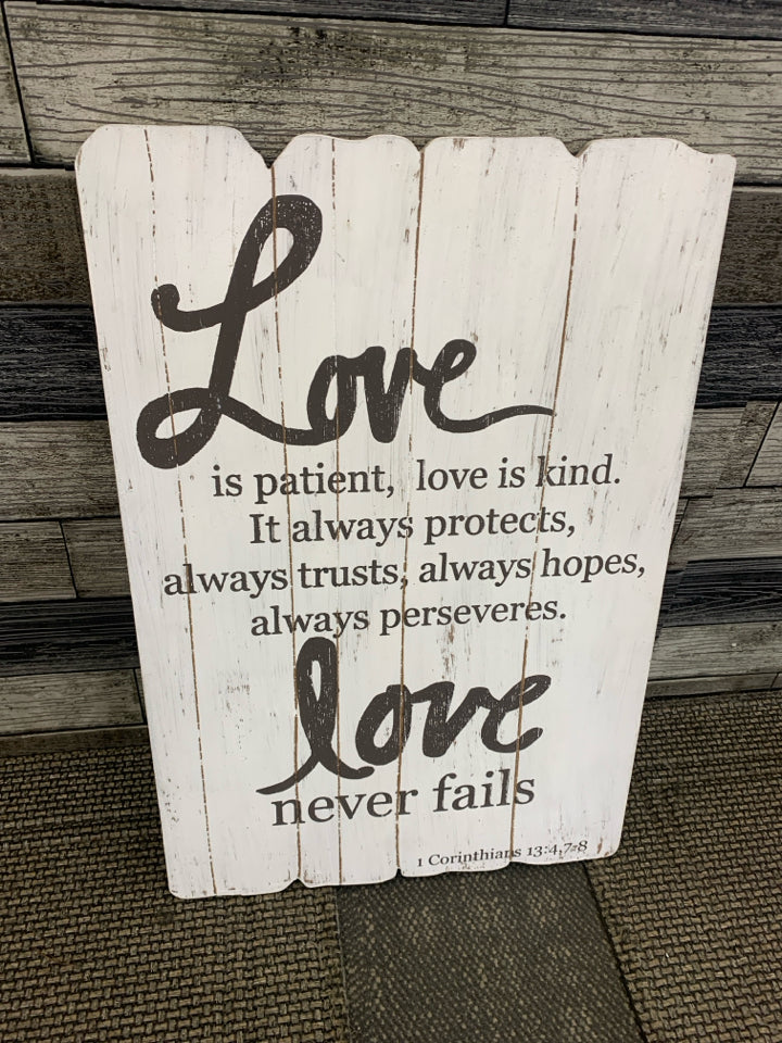 LOVE IS PATIENT WHITE WOOD WALL HANGING.