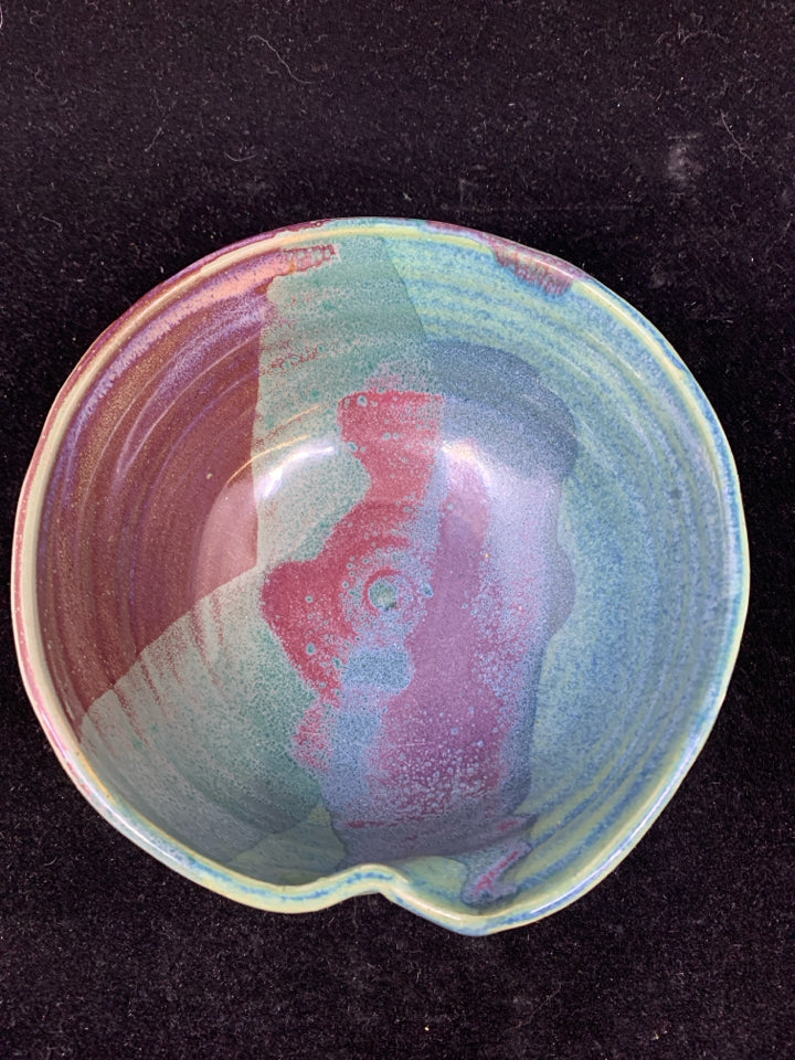 TEAL AND PURPLE POTTERY BOWL.