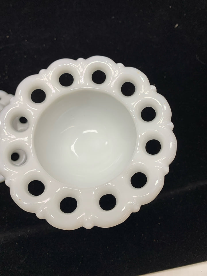 2 PC VTG WHITE OPEN LACE MILK GLASS TAPER CANDLESTICK HOLDER.