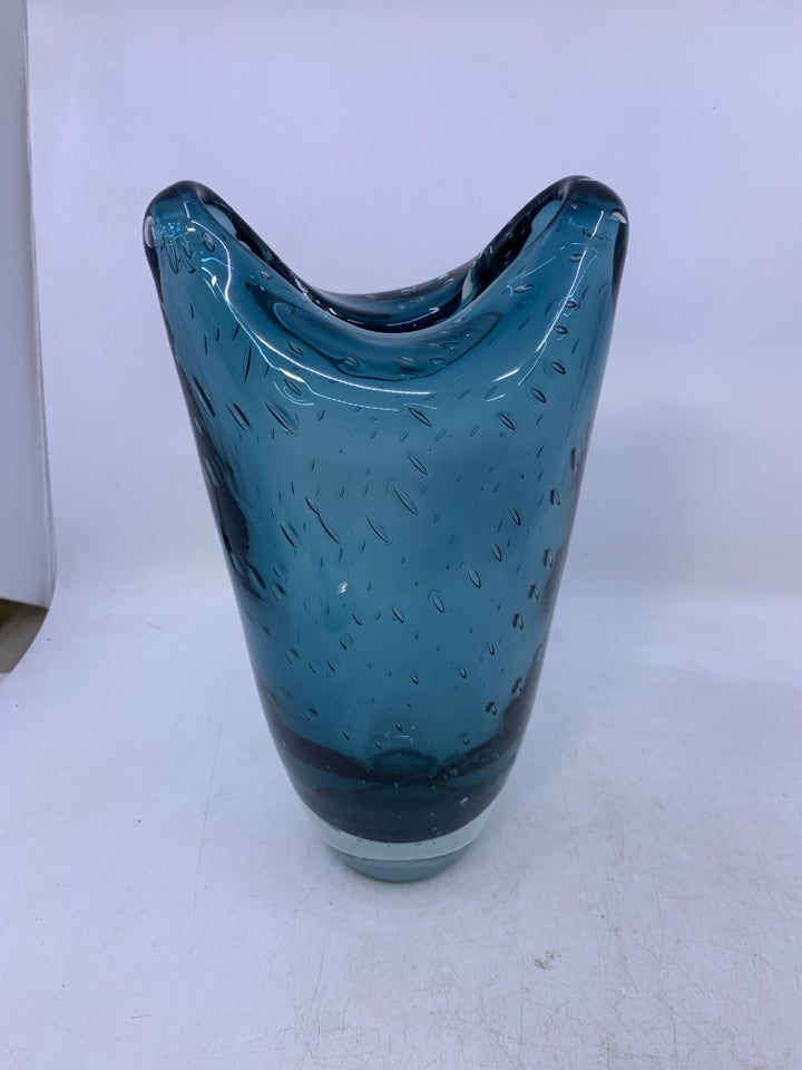HEAVY BLOWN GLASS DARK BLUE VASE W/ BUBBLES FOLDED NECK.