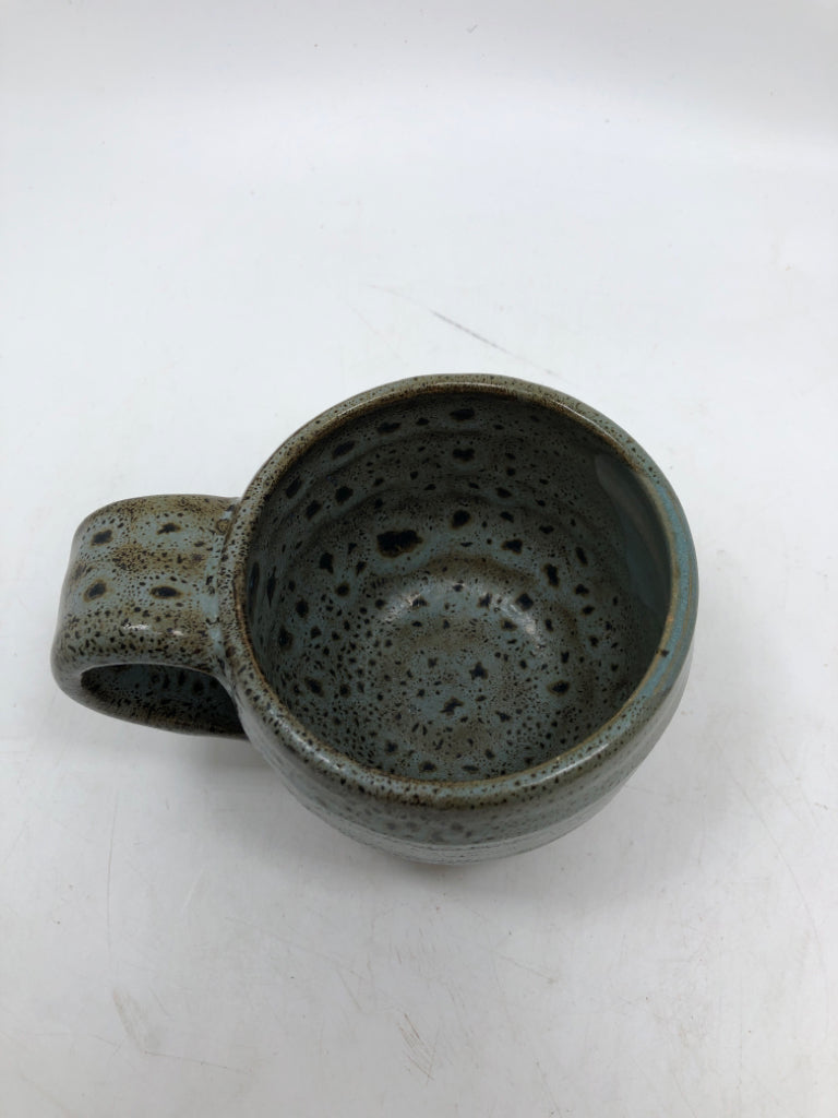 DUSTY BLUE BROWN SPOTTED POTTERY MUG.