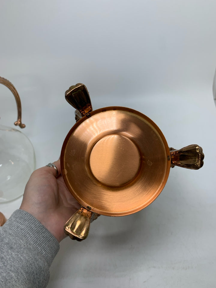 VTG GLASS + COPPER COFFEE POT WITH WARMING STAND.