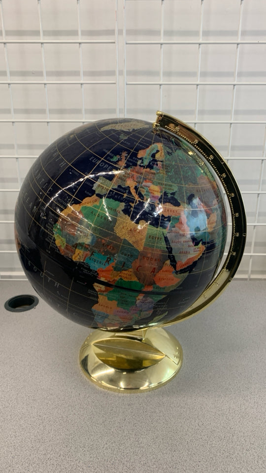NAVY BLUE WORLD GLOBE W/GOLD PLASTIC BASE.