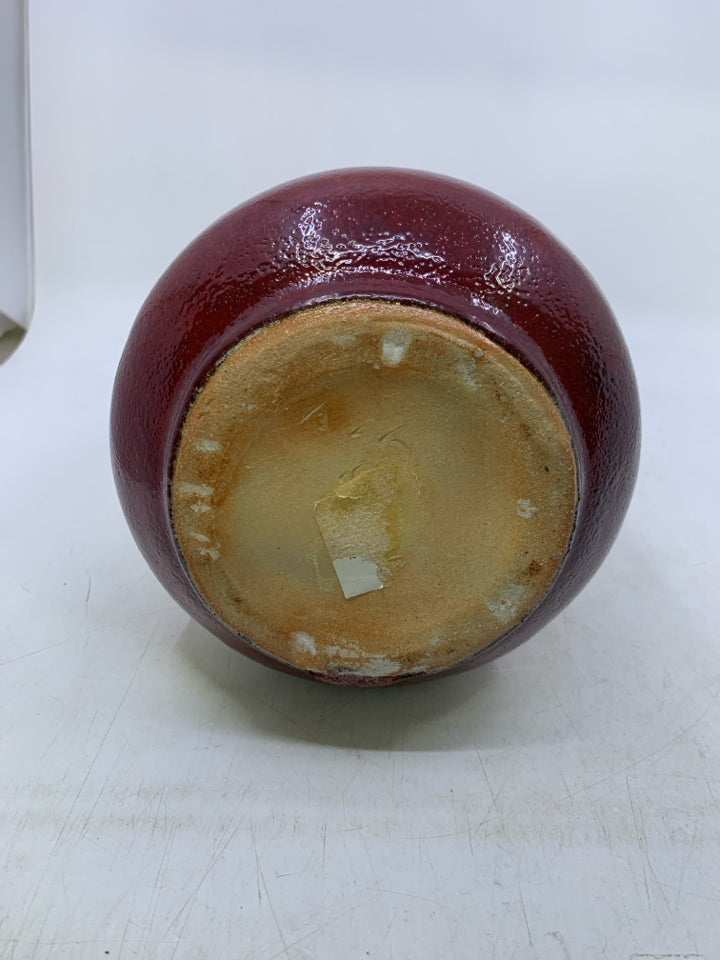 HEAVY DARK RED VASE W/ EMBOSSED DIAMOND PATTERN.