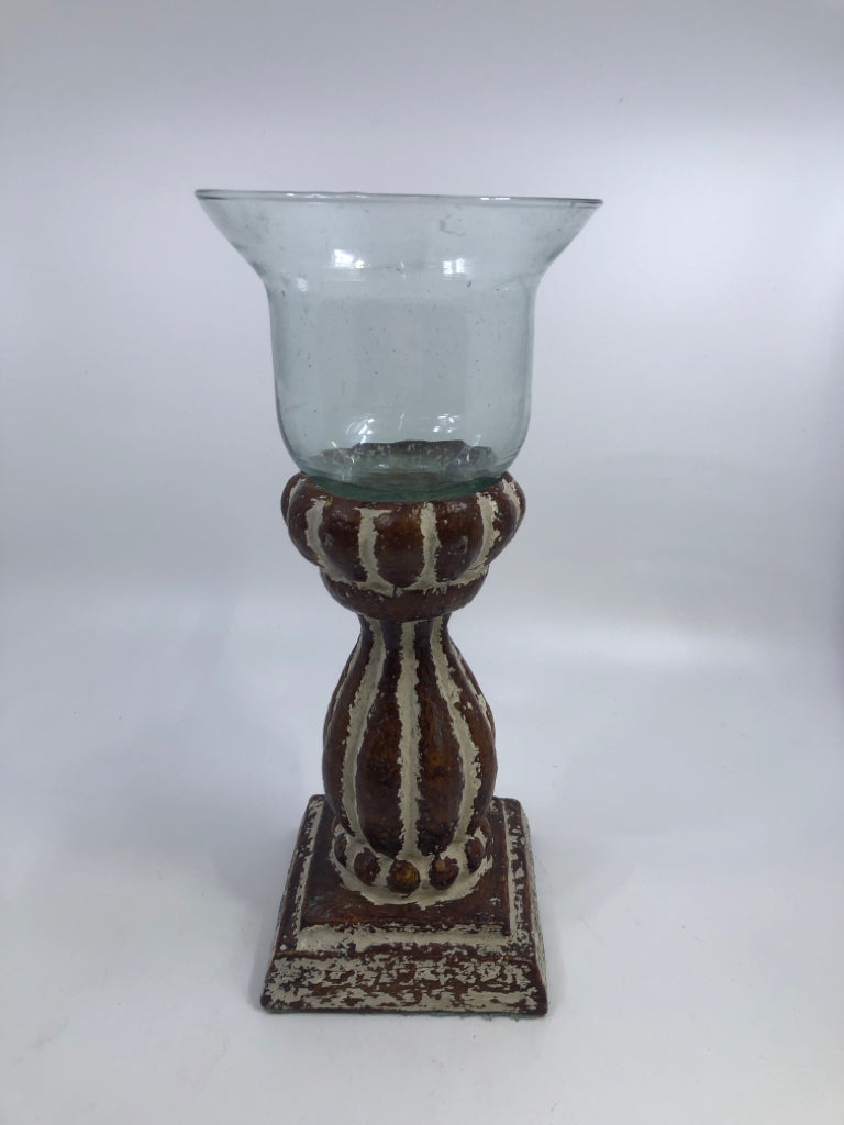 RUSTIC WOOD BASE W/GLASS CANDLE VOTIVE HOLDER.