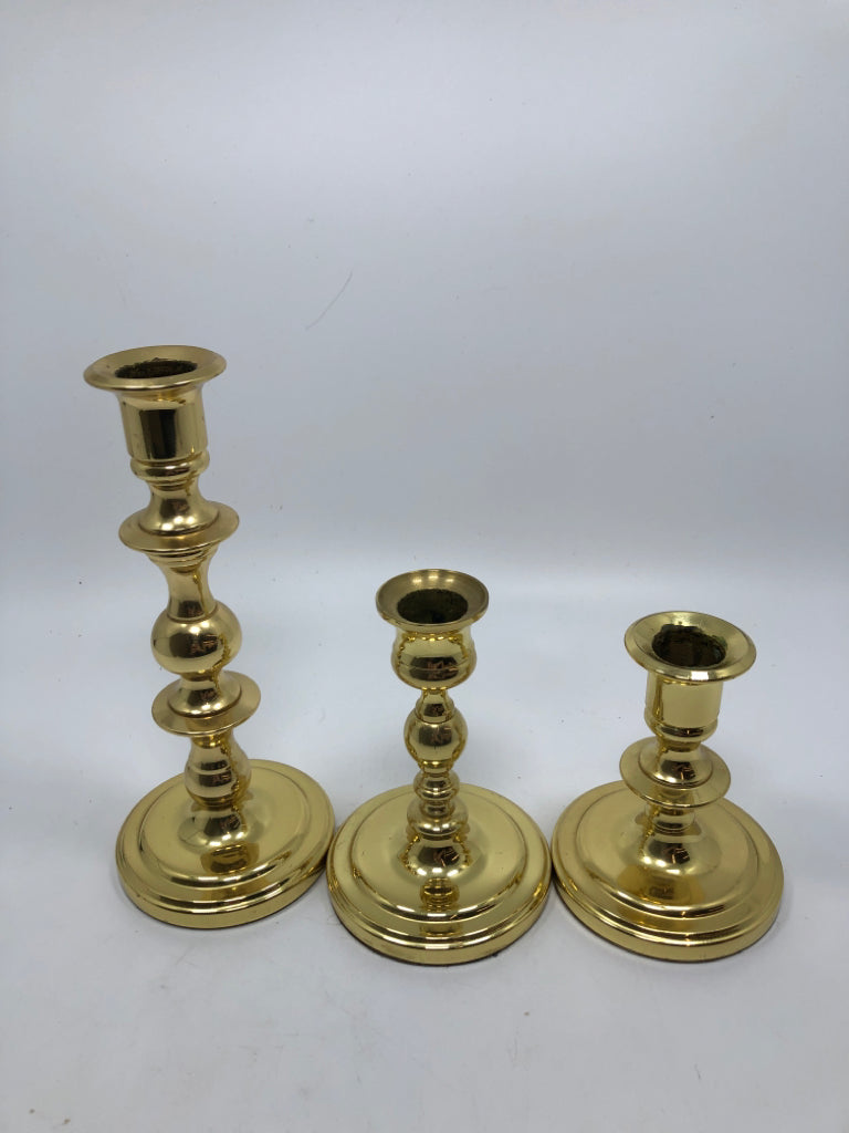 3PC BALDWIN POLISHED BRASS TAPER CANDLE HOLDERS.