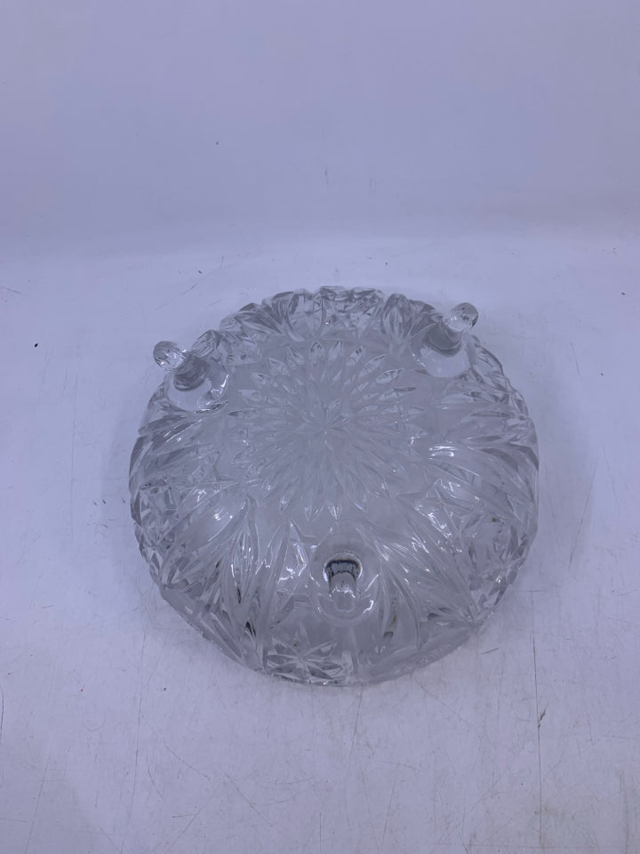 HEAVY CRYSTAL FOOTED BOWL W/ FROSTED ROSES SAWTOOTH EDGE.