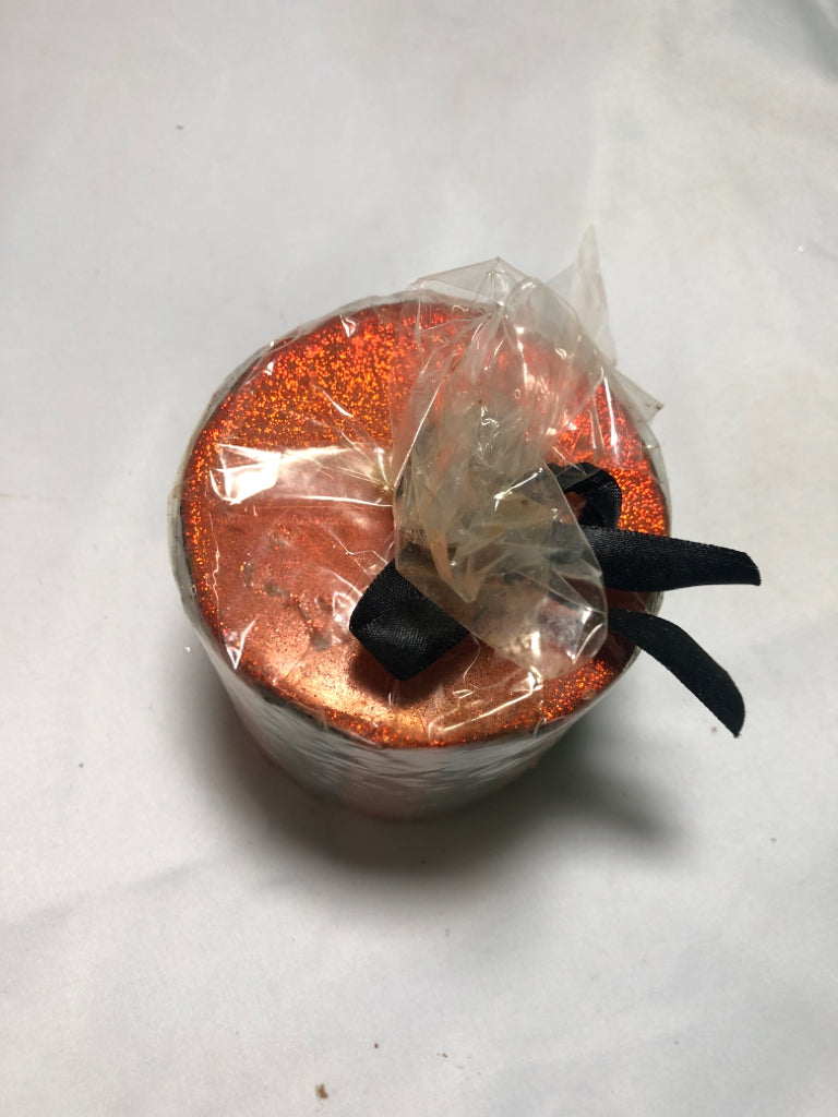 ORANGE BLACK STRIPE PILLAR CANDLE.