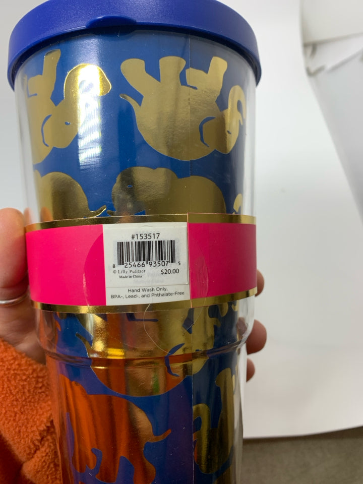 NEW INSULTED TUMBLER W/ GOLD ELEPHANTS W/ LID.